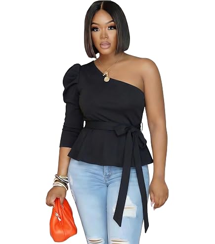 Allegra K Peplum One Shoulder Tops for Women's Elegant Ruffled Bow